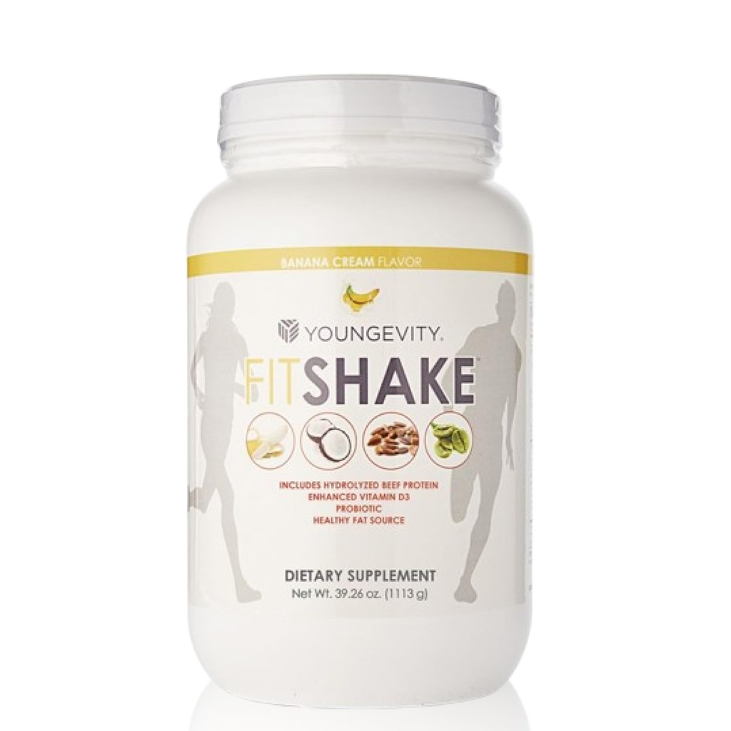 Youngevity FitShakeTM Banan Cream | 20g Gut-Friendly Protein | Elektrolytter, Mineraler, kollagen, Gelatin, vitamin D, Probiotika og mer | 30 Serveringer - 2,4 lbs