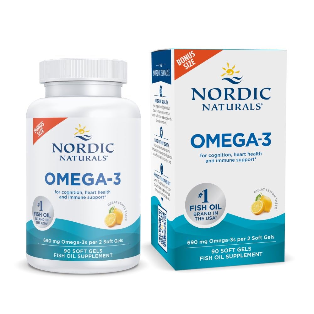 Nordic Naturals Omega-3, Lemon Flavor - 90 Soft Gels - 690 mg Omega-3 - Fish Oil - EPA & DHA - Immunstøtte, Hjerne og hjertehelse, Optimal velvære - Ikke-GMO - 45 Services