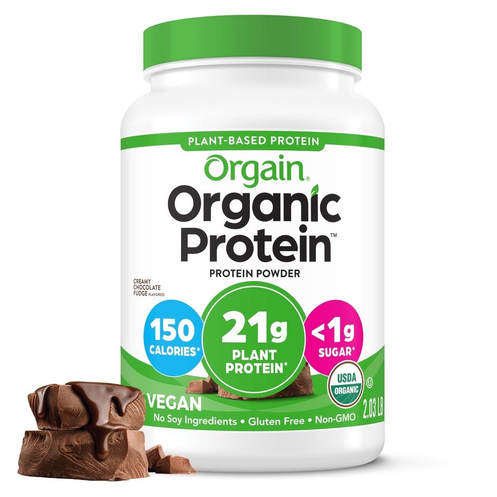Orgain Organic Vegan Protein pulver, Kremet sjokolade fudge - 21g Plant Protein, 6g Prebiotiske Fiber, Lav netto carb, Ingen Laktose ingredienser, Ingen tilsatt sukker, ikke-GMO, For rist og smoothies, 2,03 lb