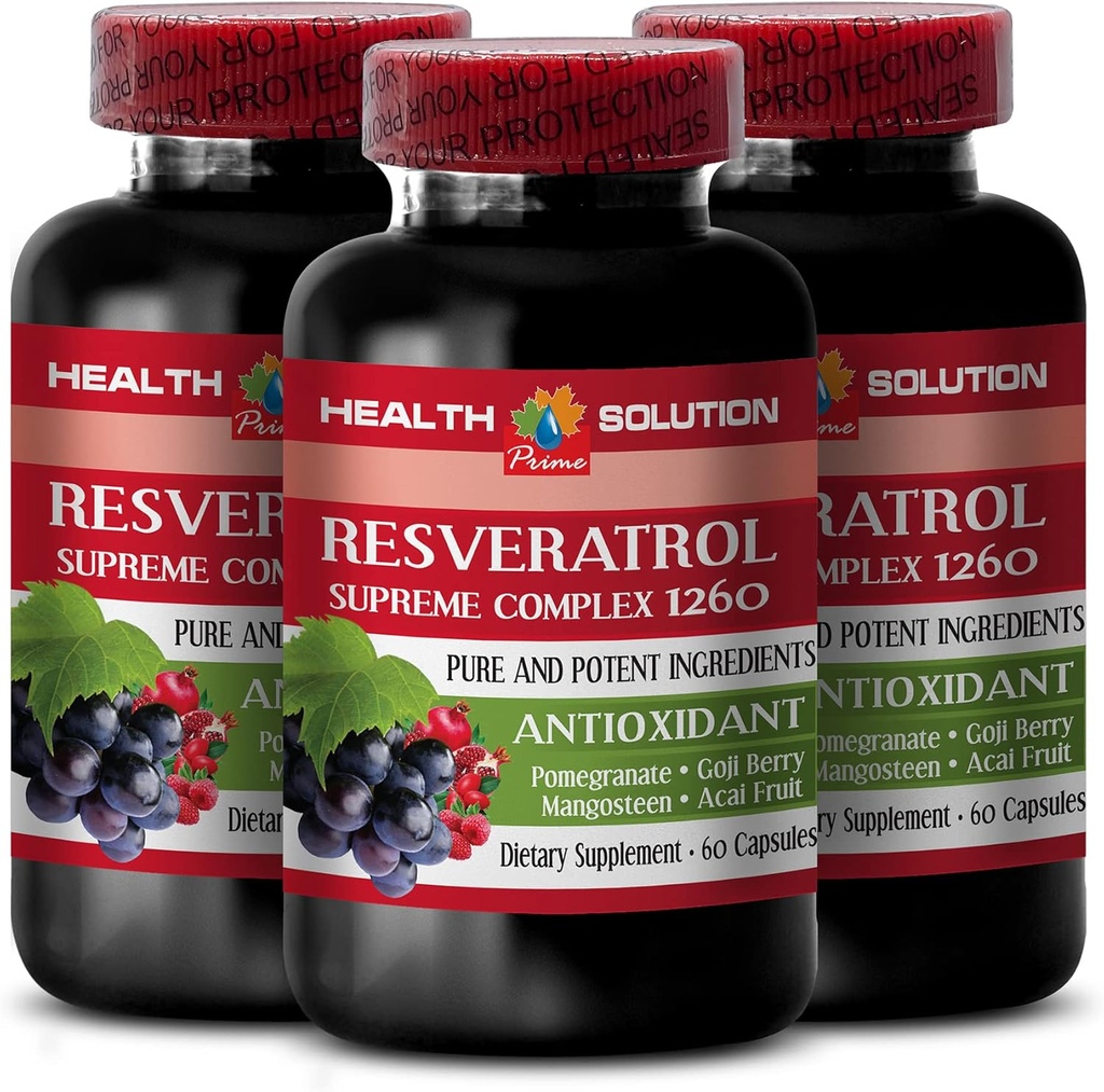 Forsterke din naturlige utholdenhet - RESVERATROL SUPREME COMPLEX - Resveratrol ekstrakt med Goji Berry, Acai, Noni, Pomegranate, Mangosteen, Superfruktblanding, Antioksidant, Immunstøtte, 3 Bot 180 Caps