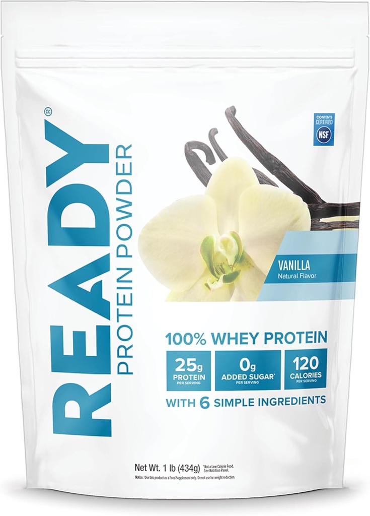Ready® Protein pulver – 25g Whey Protein, 120 kalorier, 0g tilsatt sukker – 7 enkle ingredienser – ingen kunstige tilsetningsmidler – Glutenfri, ren og naturlig – Vanilla (1 pund pose)