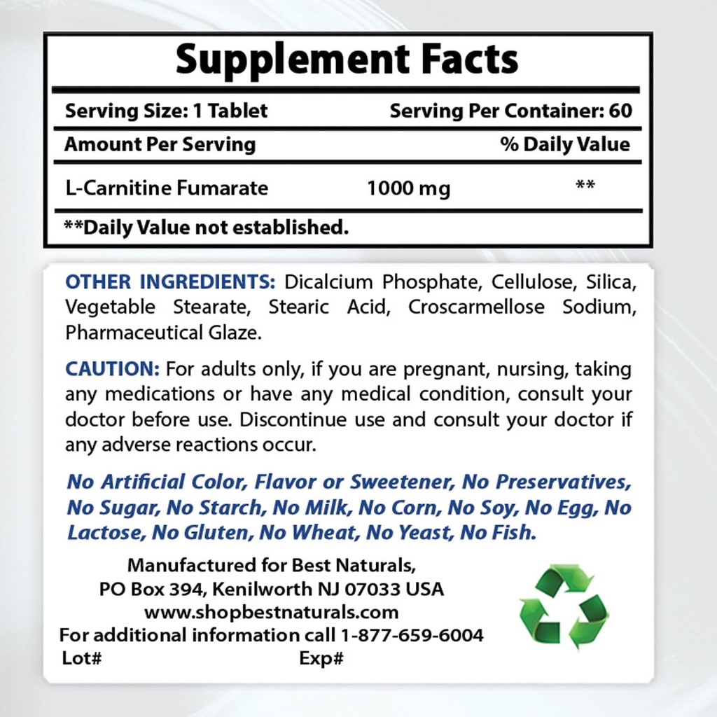 Beste Naturals L-karnitin 1000mg & L-Glutamin 1000mg