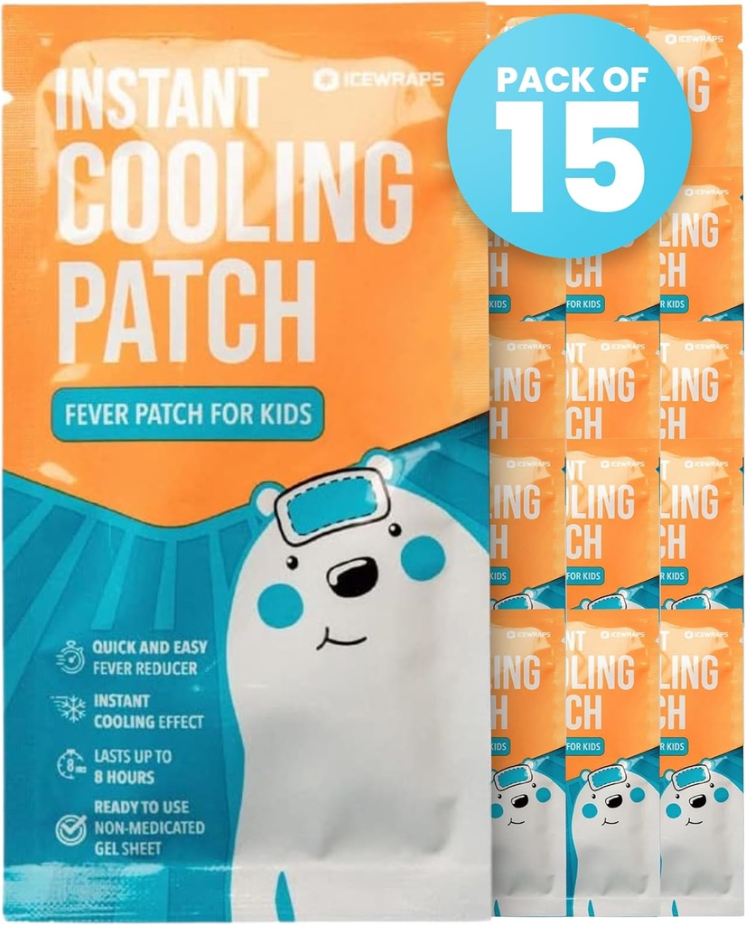 ICEWRAPS Feber Patch for barn og voksne | Kaldt lapper for migrain, hodepine og feber relief | Gel ark for smerte og komfort, pakke med 15