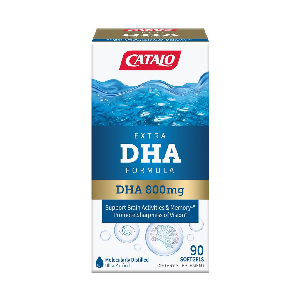 Catalo Extra DHA Formula, 800mg DHA per servering, Ocean Fish Oil Softgels med naturlig sitronflavor, avansert molekylær destillasjon, enkel-til-svelge, ingen kunstige farger og preservativer - 90 Softgels
