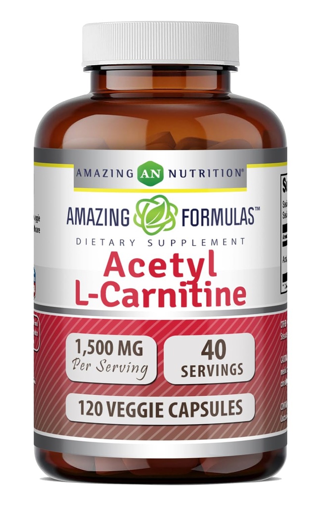 Amazing Formler Acetyl L-karnitin Hcl Supplement | 500 Mg Per Serving | 120 Veggie kapsler Supplement | Ikke-GMO | Glutenfri | Laget i USA