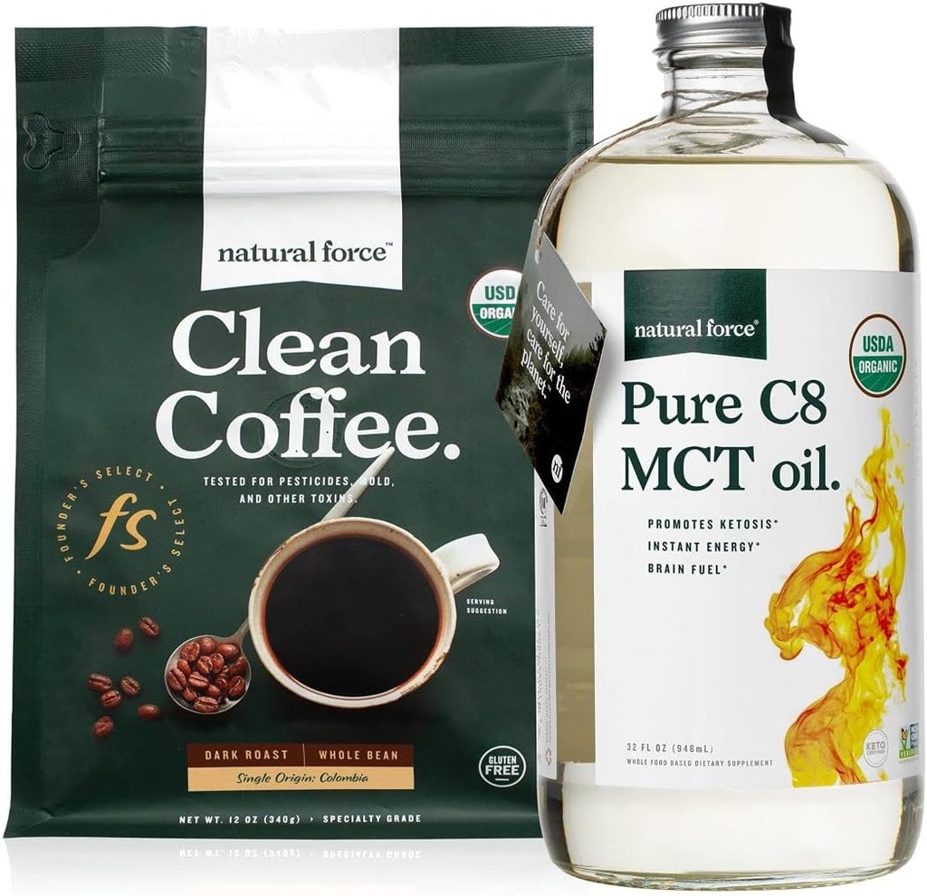 Natural Force Dark Roast Clean Coffee + Økologisk ren C8 MCT Olje Bundle – 100% C8 MCT & Mold & Mycotoxin Gratis kaffe – Ikke-GMO, Keto, Paleo, og Vegan - 12 Oz og 32 Oz