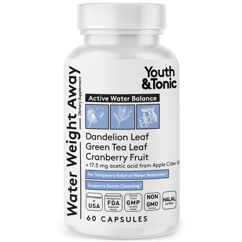 Ungdom & Tonic naturlig vannvekt borte - Herbal diuretiske piller for å blomstre, vanntetthet og heving støtte for kvinner og menn - 60 Caps med Dandelion, Kalium, grønn te og Apple Cider Vinegar