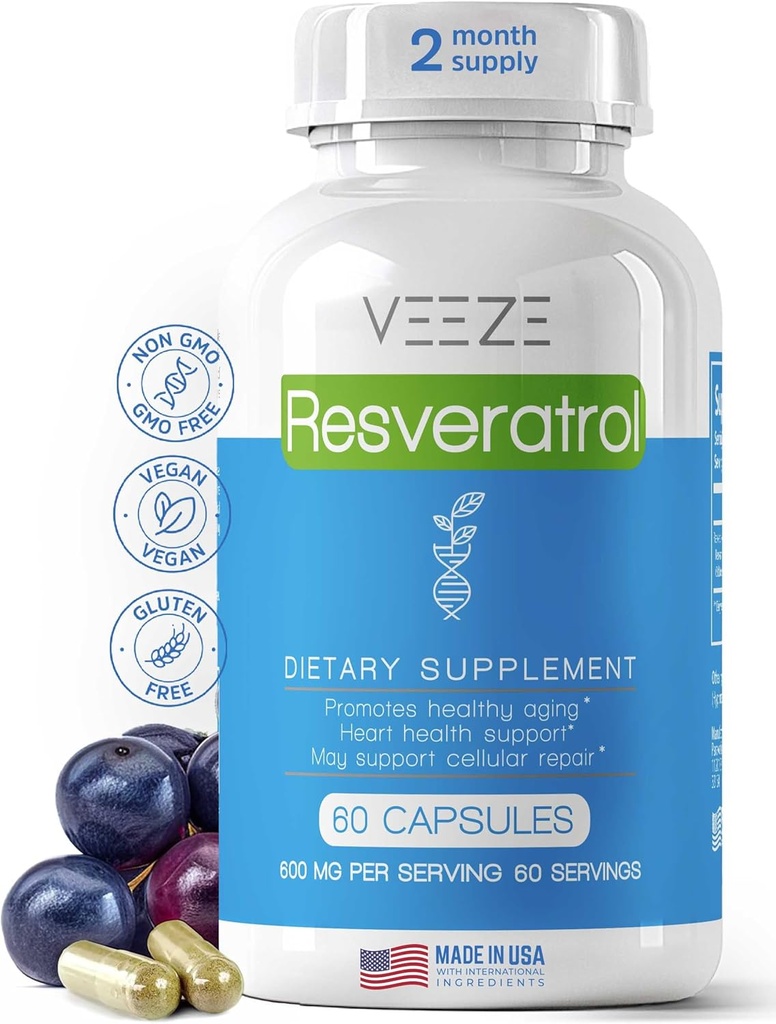 VEEZE Resveratrol Supplement 600mg 60 kapsler og 60 serveringer - laget i USA naturlig og organisk Resveratrol - rik på antioksidanter og trans Resveratrol for velværestøtte - Premium Organic Resveratrol