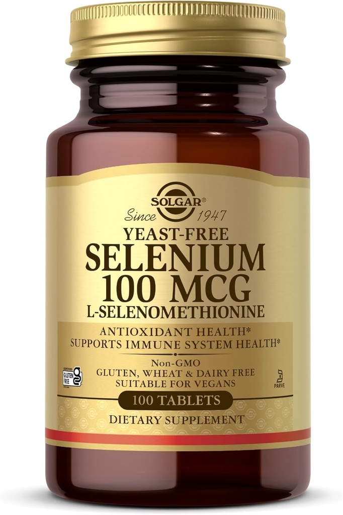 Solgar Yeast-Free Selenium 100 mg - 100 tabletter - støtter antioksidant og immunsystem helse - ikke-GMO, Glutenfri, Dairy Free, Kosher - 100 serveringer