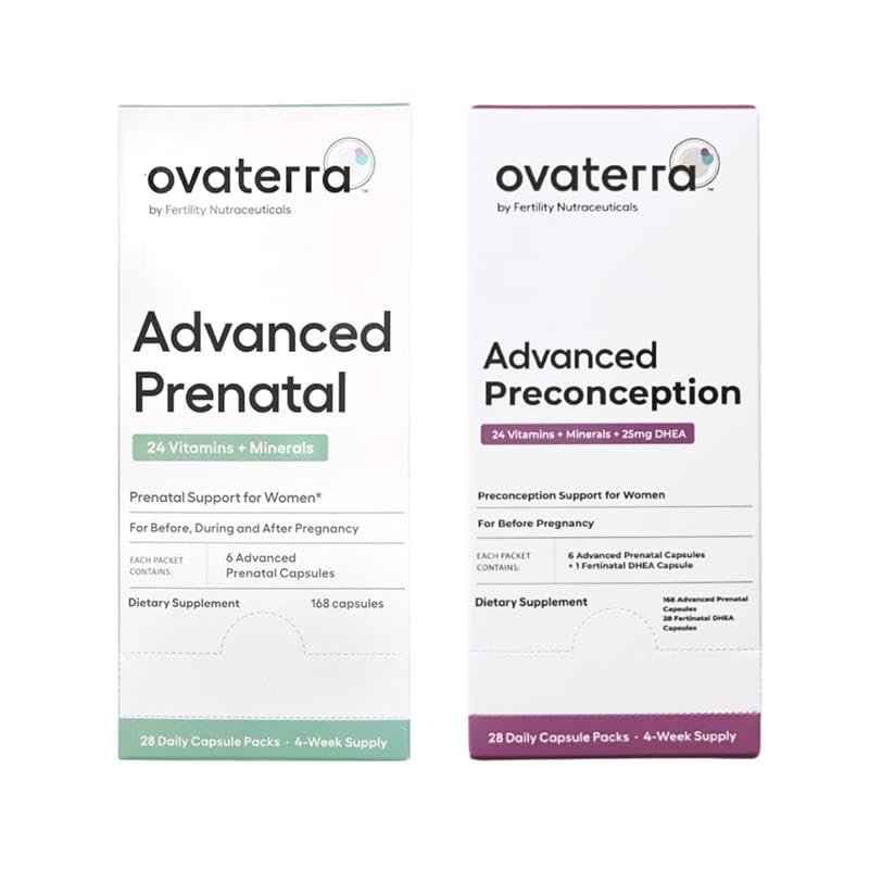Ovaterra Avansert Prenatal & Preconception Multivitamin Bundle for kvinner med DHEA 25 mg, Choline 550 mg, Folat (Metylfolat) 1,010 mg, Omega-3 DHA, EPA, Chelatert jern 364 kapsler - 28 dagers forsyning