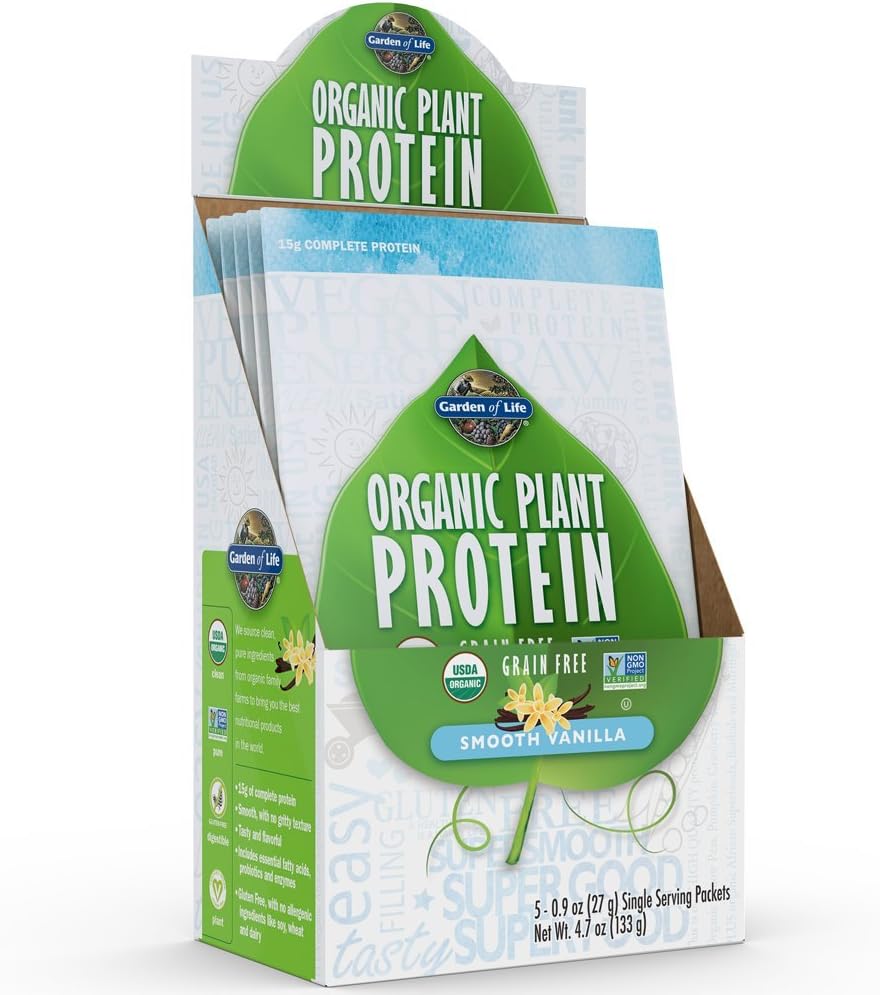 Livshage organisk planteprotein glatt vanilla pulver - enkelt serveringspakker (5-Pack) - Vegansk, kornfri og glutenfri plantebasert protein Skake med 1B CFU Probiotika og enzymer, 15g protein