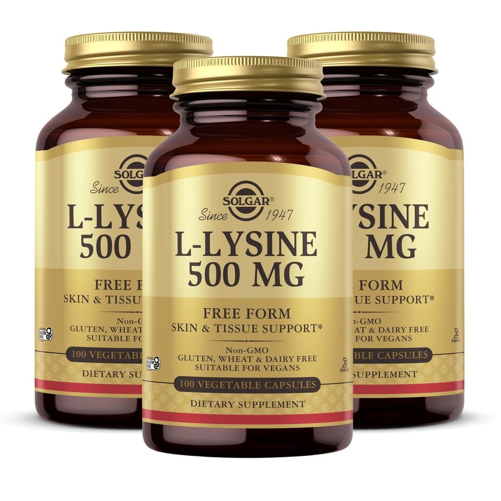 Solgar L-Lysine 500 mg - 100 Grønnsaker Kapsler, Pakke med 3 - Hud og vevsstøtte - Non-GMO, Vegan, Kosher, Glutenfri - 300 Total Services