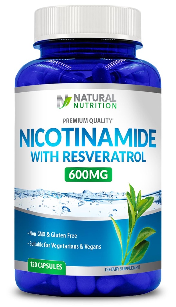 Generisk Naturlig Vitamin Nikotinamid med Resveratrol 600mg (Vitamin B-3) 120 Veggie kapsler Glutenfri & Ikke-GMO