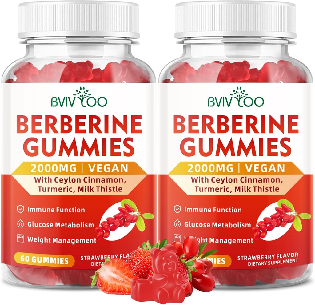 2 Pakker Berberine Gummies,Sugar Gratis 2000mg høy potens Berberine HCI Supplement, Plus Ceylon Cinnamon, Melk Thistle for kvinner og menn, immunsystem og metabolisme støtte - 120 Gummies