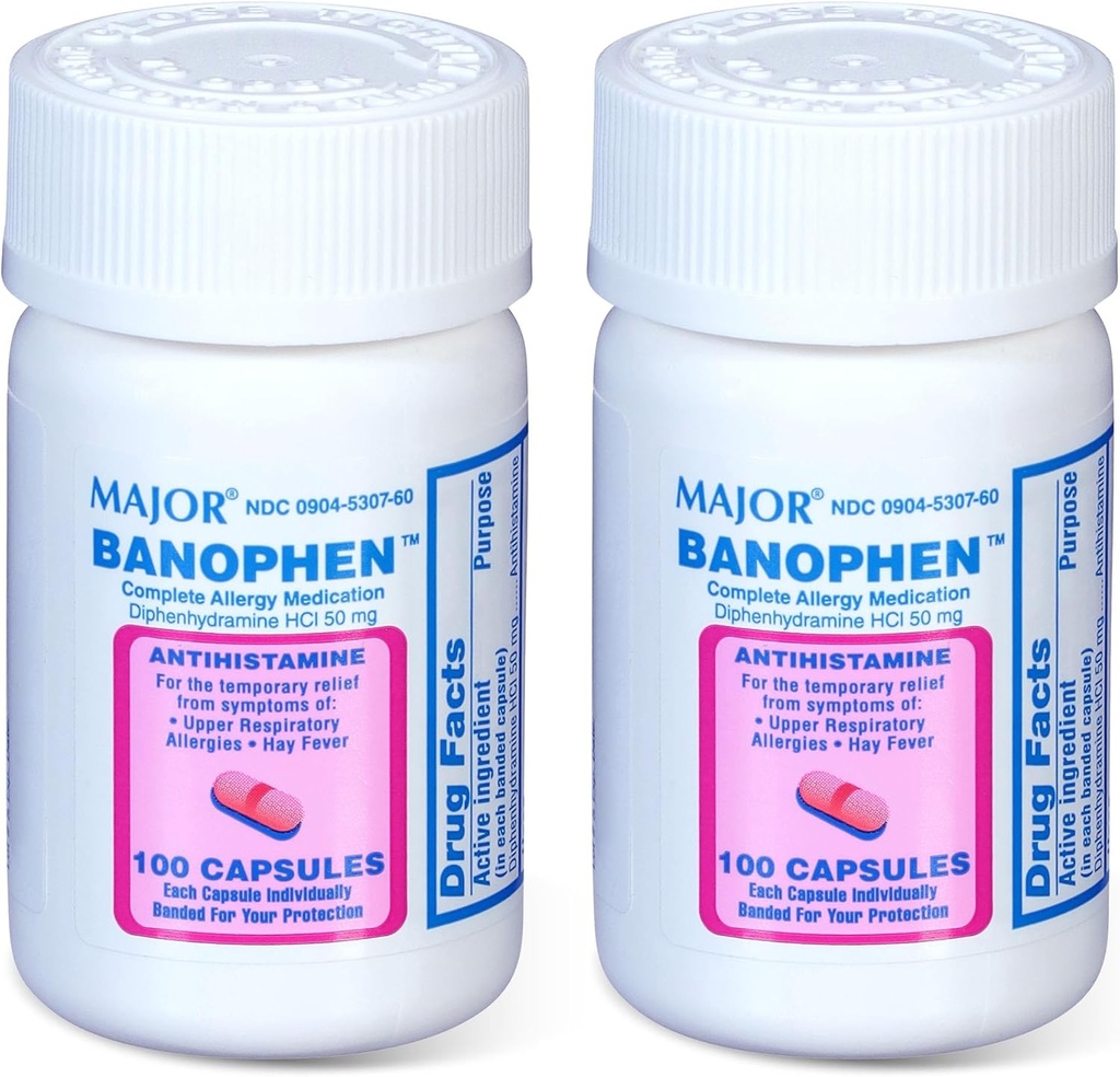 MAJOR Banohpen - komplett Allergy Medisin - Diphenhydramine HCI 50 mg - Antihistamin - 100 kapsler (2 Pack)