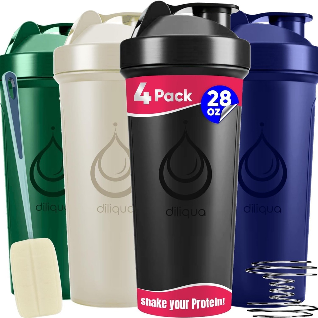 4 Pakning, 28 oz Shaker Flasker med kraftige Wire Whisks for Protein Mixes | Leakproof Blender Shaker Flaske Pack med rengjøringsvamp | BPA-fri & Oppvaskmaskin Safe | Proteinshaker flaske