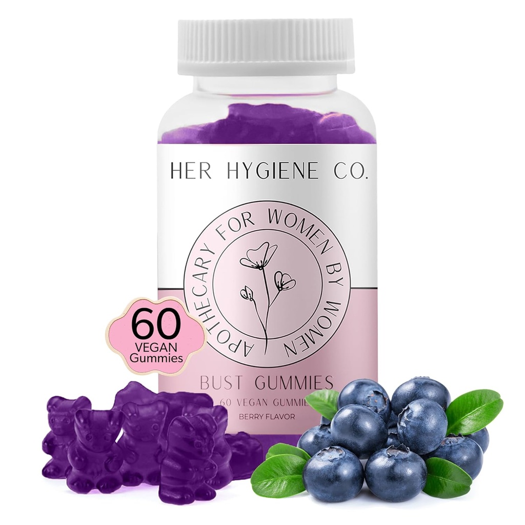Hennes hygiene Co. Bryststøtte Gummier for kvinner, velvære og tillit, Naturlig urteblanding, Multivitamin for kurver, Treningsarbeidstilskudd, Vegan & ikke-GMO, Berry Flavor, 60 greve