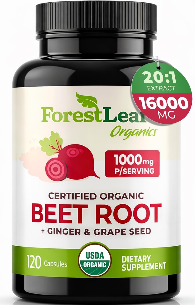 ForestLeaf Organic Beet Root Capsules - Beetroot Supplement 16000mg Styrke 20:1 Ekstrakt piller m/Ginger Grape Seed | Støtte blodtrykk, Nitric Oxid, Flow, Sirkulasjon | Beets pulver - 120 Caps