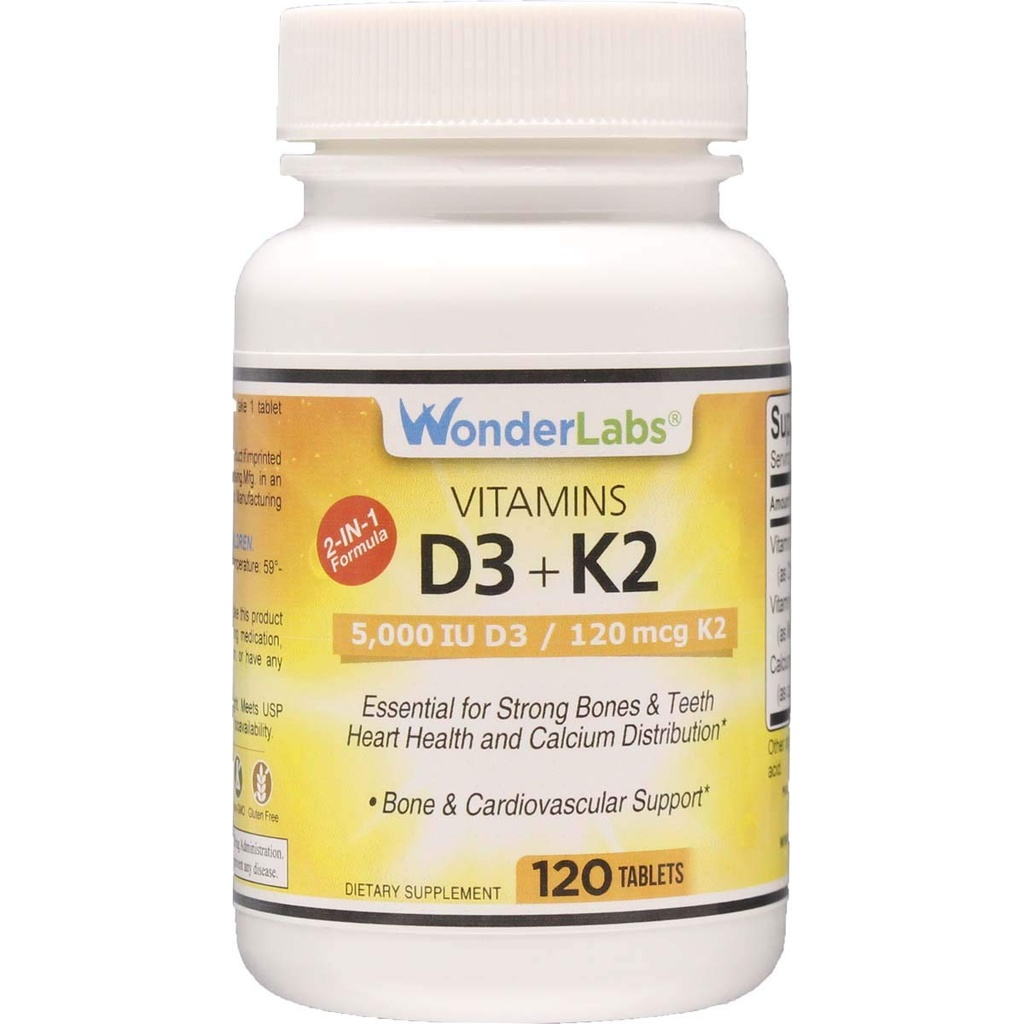 Wonder Laboratories Vitamin D 5000 IE, vitamin D3 + K2 støtter et sunt immunsystem, essensiell for sterke bein, hjertehelse og kalsiumdistribusjon, 120 tabletter