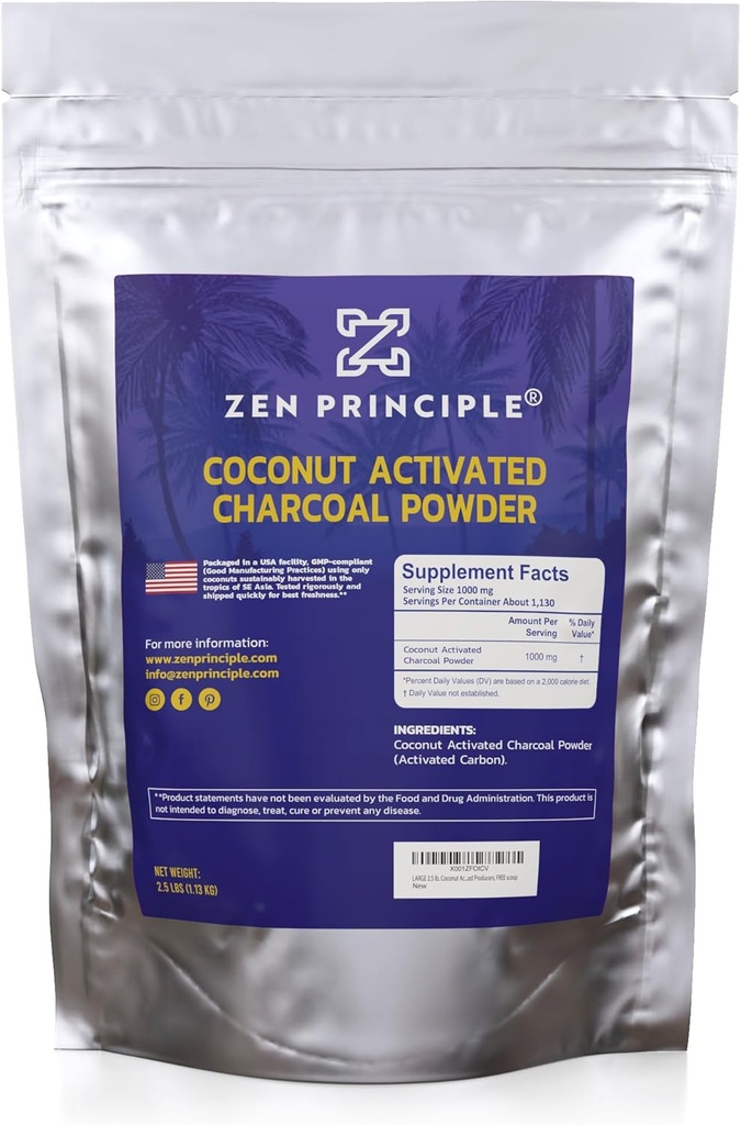 Zen Principle Coconut Aktivert Charcoal pulver. Hvite tenner, fordommer hud og hår, støtter bedre digestion. Amerikanske produsenter, 2.5 lb
