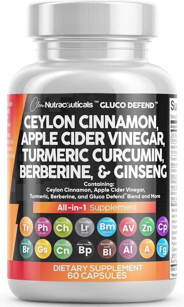 Rent Nutraceuticals Ceylon Cinnamon Capsules + Berberine Turmeric Apple Cider Vinegar Ginseng Bitter Melon Gymnema Melk Thistle Fenugreek Supplement piller pulver for menn og kvinner
