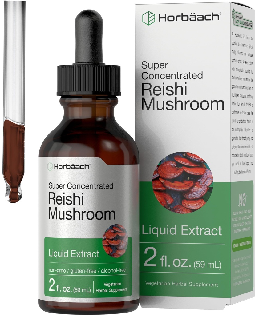 Horbäach Reishi Mushroom ekstrakt Tinktur | 2 Fl Oz | flytende dråper | Ganoderma Lucidum | Vegetarisk, alkoholfri | Ikke-GMO, Glutenfri Supplement