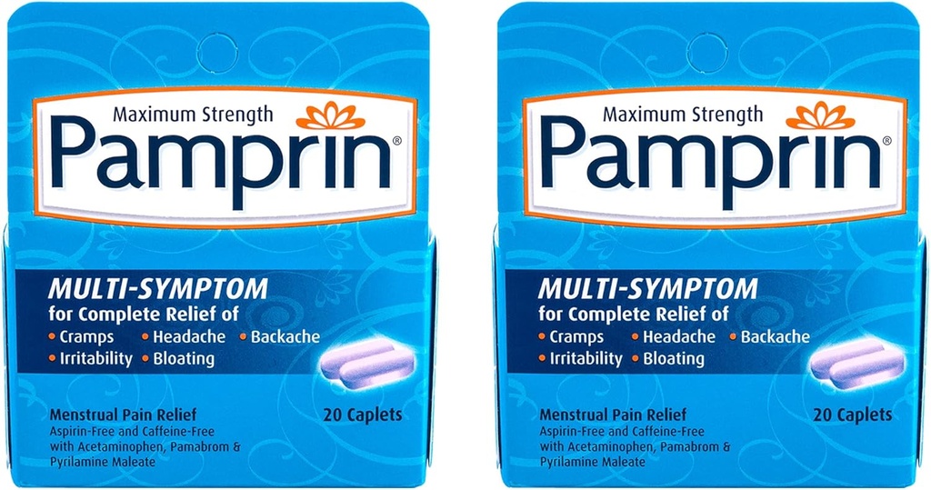 Pamprin Multi-Symptom Formula, med Acetaminophen, Menstruell Periode symptomer Relief Inkluderer Cramps, Smerte, Irritabilitet og Bloating, 20 Caplets (Pack of 2)