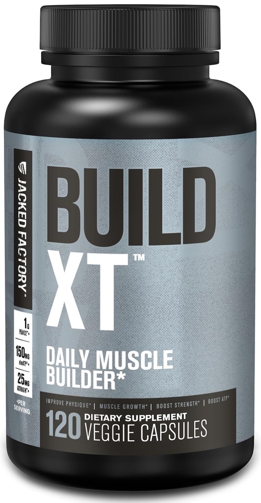 Jacked Factory Build-XT Daily Muscle Builder & Performance Enhancer - Muskelbygging Supplement for muskulær styrke og vekst | Varemerkede ingredienser Peak02, ElevATP, & Astragin - 120 Veggie Piller