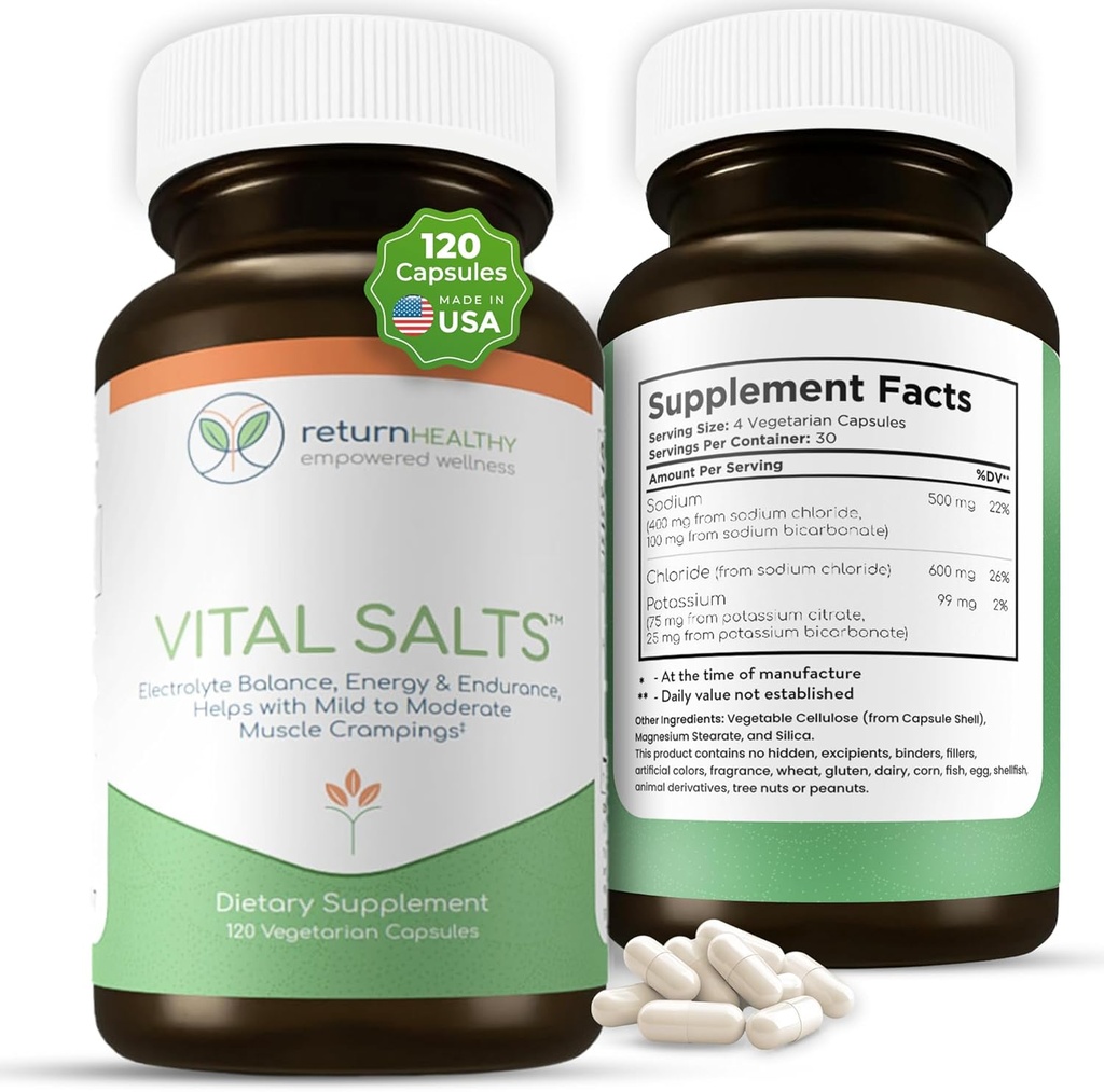 Vitale salter, elektrolyte salter for energi og utholdenhet, natriumklorid, elektrolyte kosttilskudd, blodtrykksstøtte Supplement, muskelkramper Relief, 120 saltkapsler - Return Sunn