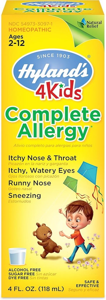 Hyland's Kids Allergy Medisin av 4Kids Ikke Drowsy Barn Komplett Allergy Relief Syrup Trygg og Naturlig For Innendørs Utendørs Emballasje Mai Vary, En Farge, 4 Fl Oz