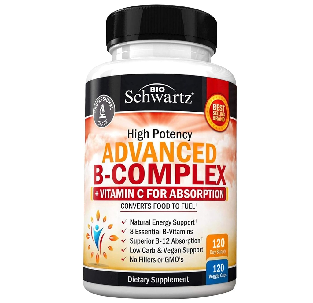 Vitamin B-kompleks med vitamin C for maksimal absorpsjon - Methylcobalamin b12 & Folat folsyre Supplement - B1 B2 B3 B5 B6 B7 B9 for immunenergi og nervesystem støtte - Ikke-GMO, 120 count