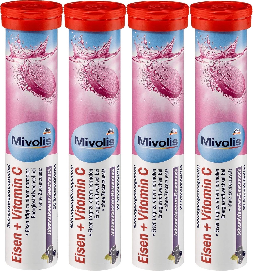 Mivolis Jern + Vitamin C-effervescent tabletter - Kosttilskudd 4 Pakker x 20 PCs