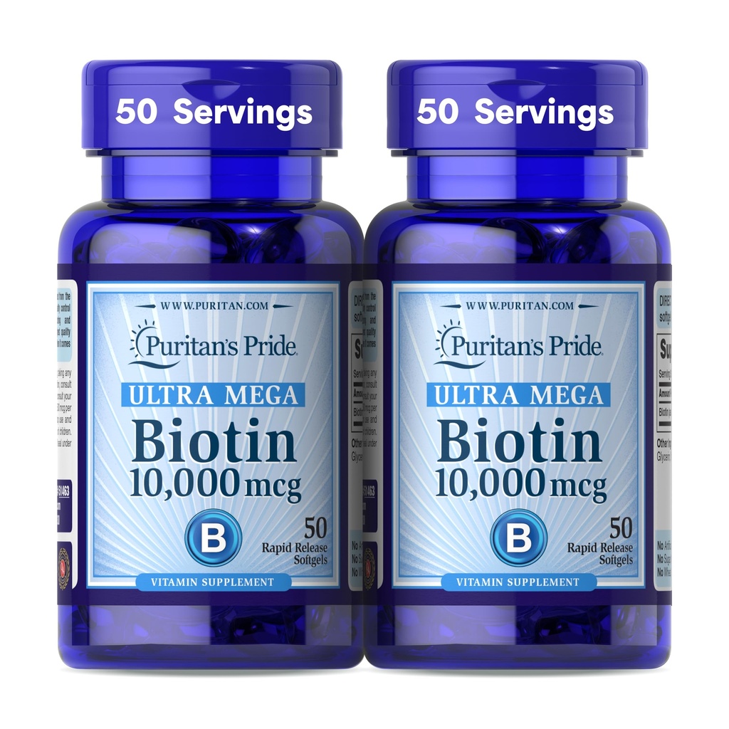 Puritan Pride Premium Ultra Mega Biotin 10 000mcg, Diett Supplement for sunnt hår, hud, negler, og energimetabolisme støtte, 100 dagers forsyning, 50 Rapid Release Softgels, 2 pakke