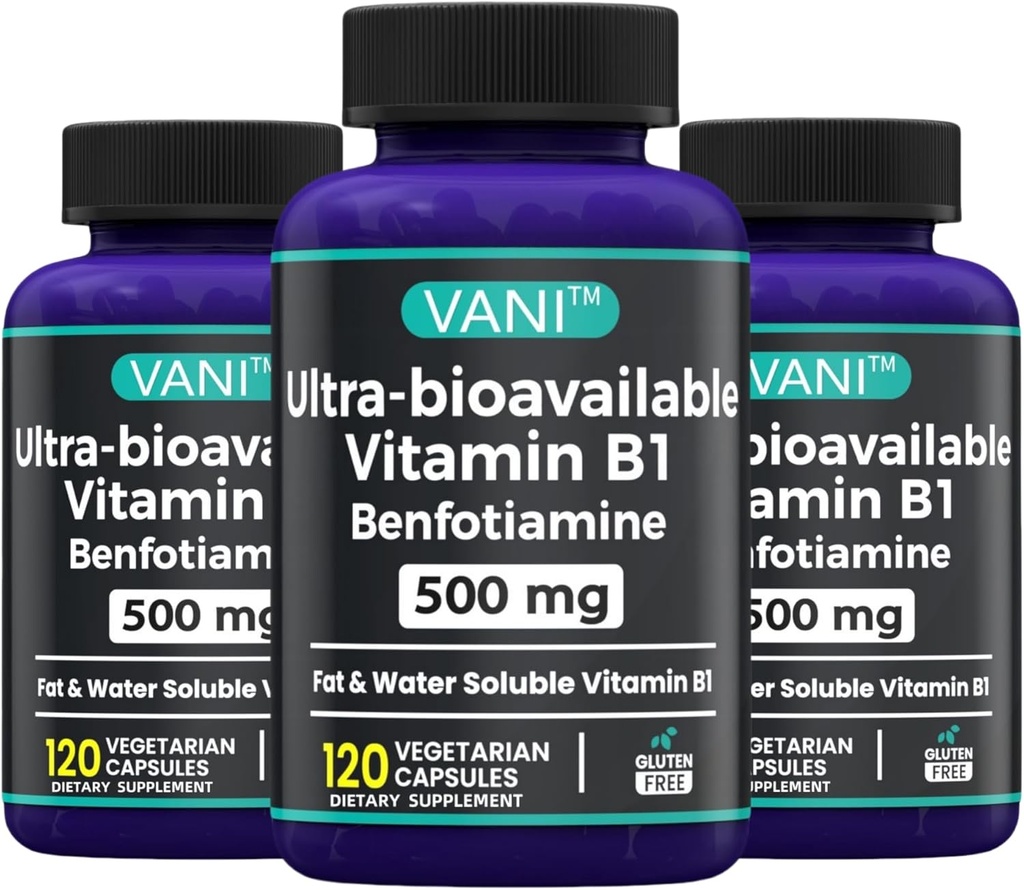 2 i 1 Forbedret formel: Vitamin B1 med Benfotiamin 500 mg, fettløselig Supplement av vitamin B-1, 500 mg - 120 kapsler (3)