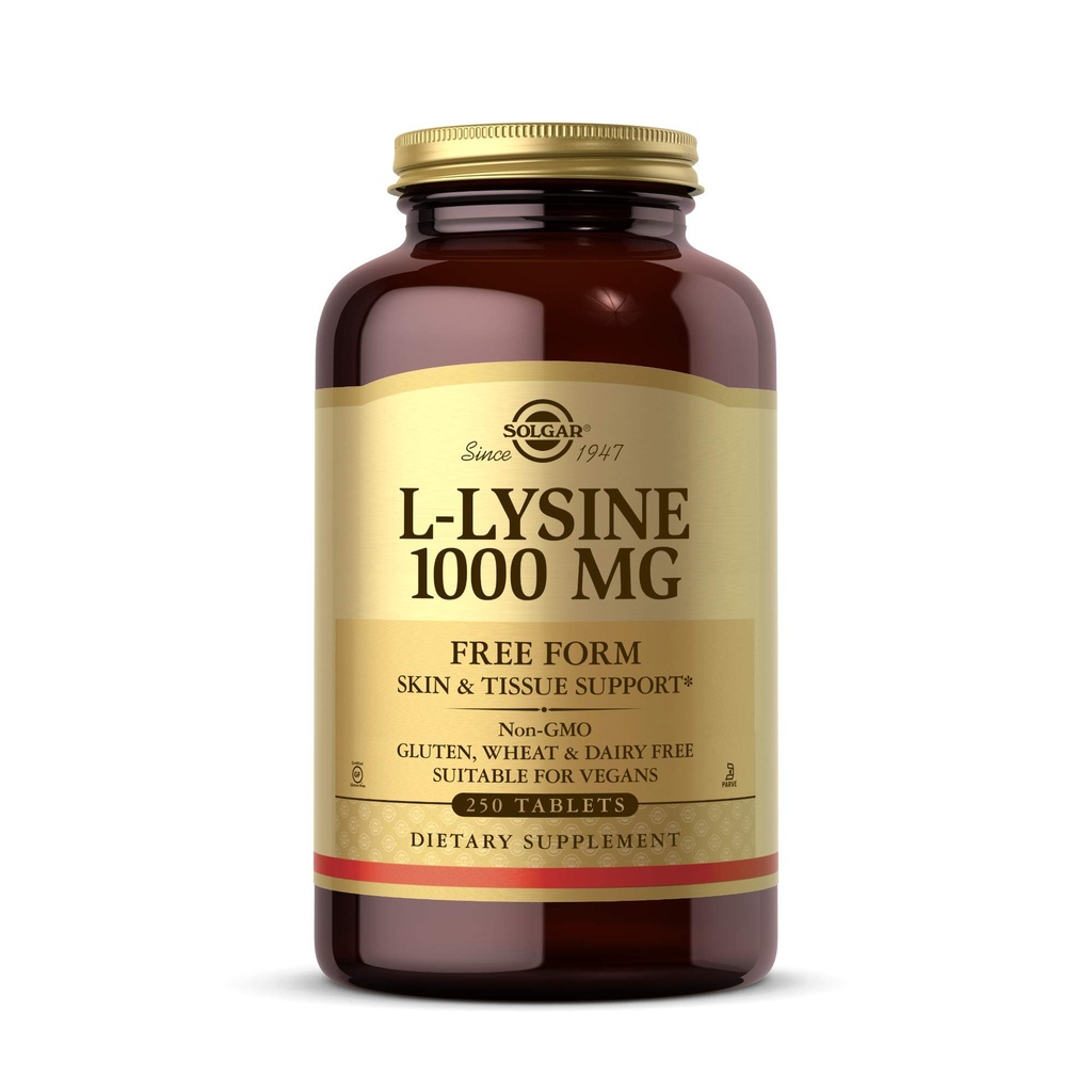 Solgar L-Lysine 1000 mg, 250 tabletter - Forbedret absorpsjon og assimilasjon - Fremmer integritet av hud og lepper - Collagen støtte - Aminosyrer - Ikke-GMO, Vegan, Glutenfri - 250 Services