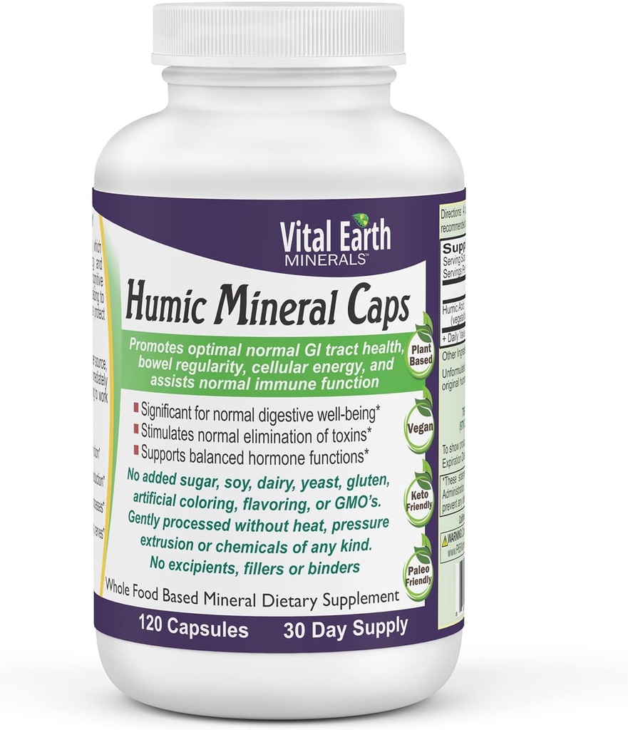Vitale jordmineraler Humic Minerals Kapsler - 70+ Spor Mineraler med naturlig forekommende Fulvic Acid, Alkalizing Mineral Supplement for Detox, Gut helse, velvære, 120 Telling