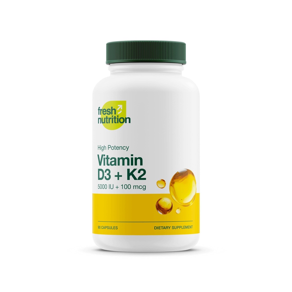 Frisk ernæring Vegan vitamin D3 + K2 Kapsler - 5000 IE D3 + 100mcg K2 som MK-7 for optimal absorpsjon - immun helse, bein helse, humør - ikke GMO - 90 kapsler, 3 måneders forsyning
