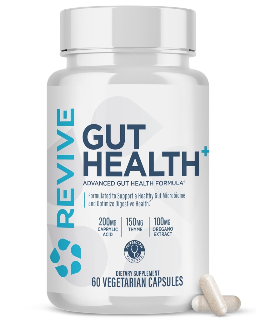 Revive MD Gut Helse Kosttilskudd for menn og kvinner - Daglig Gut Repair & Digestive Helse Støtte Formula med Thyme, Oregano & Melk Thistle - Vegansk-vennlig, Glutenfri - 60 Vegetariske kapsler