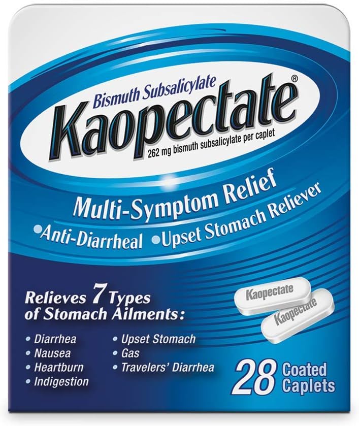 Kaopektate Multi-Symptom Anti-Diarreal & Upset Mage Avhengig, 28 Caplets, hvit