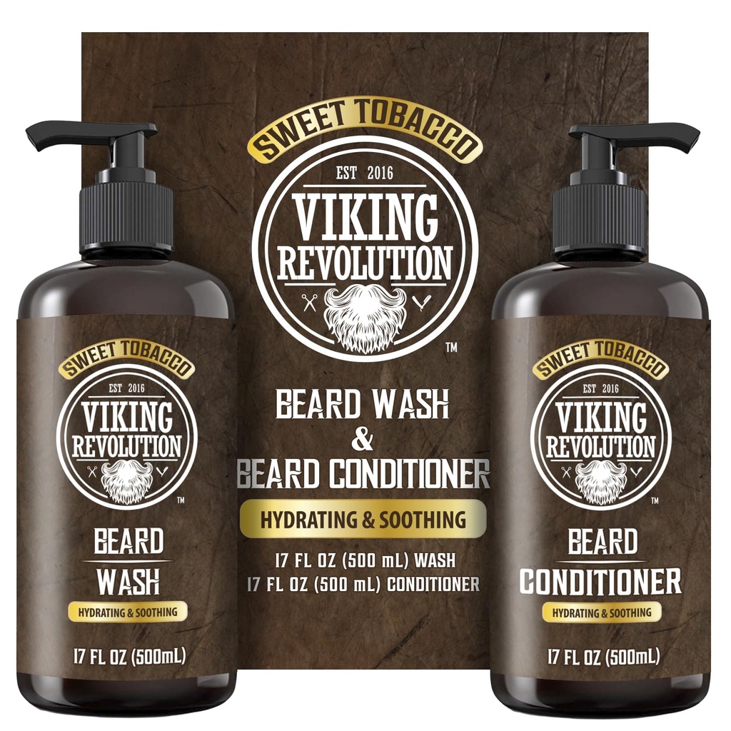 Vikingrevolusjon Skjeggvask og beard balsam for menn med Argan Olje og Jojoba Olje - Beard Softener og styrke Beard Care Skjegg Shampoo og balsam med Skjeggolje (17oz, søt tobakk)