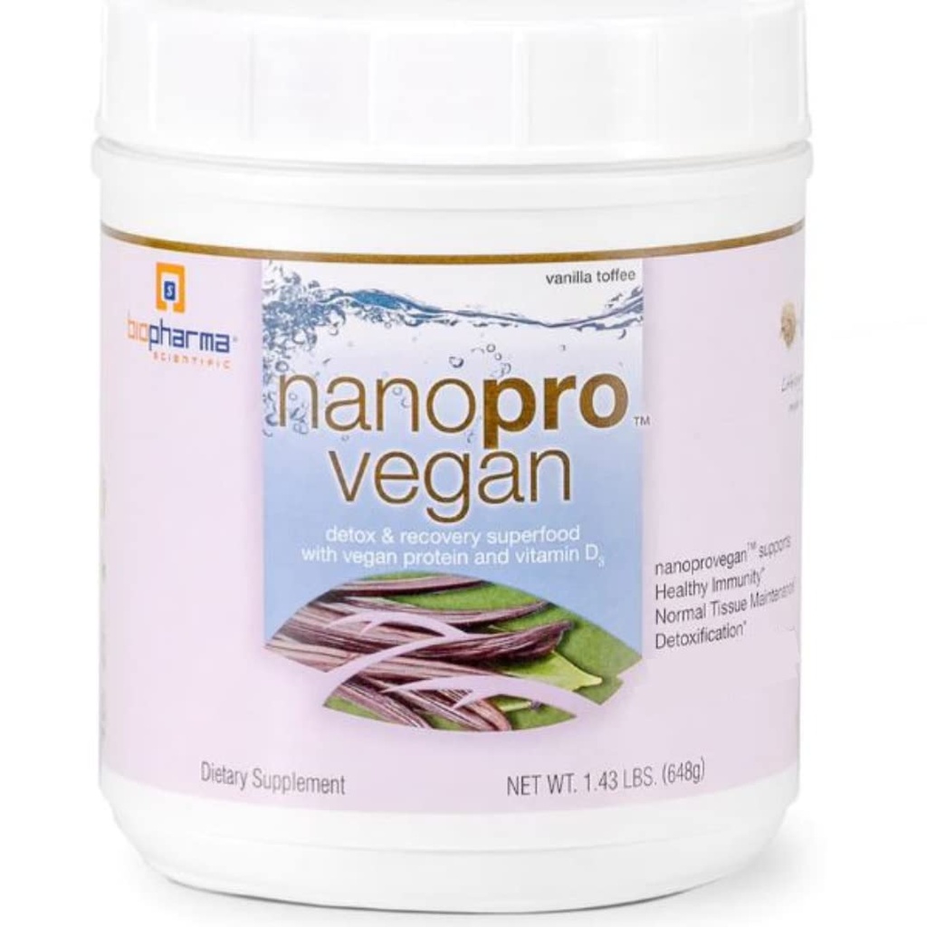 Biofarma Scientific Nanopro Vegan: Vegansk proteinpulver for immun støtte og trening gjenoppretting med era protein blanding, Ashwagandha og Vegansk D3, Vanilla Toffee Flavor, 30 Services