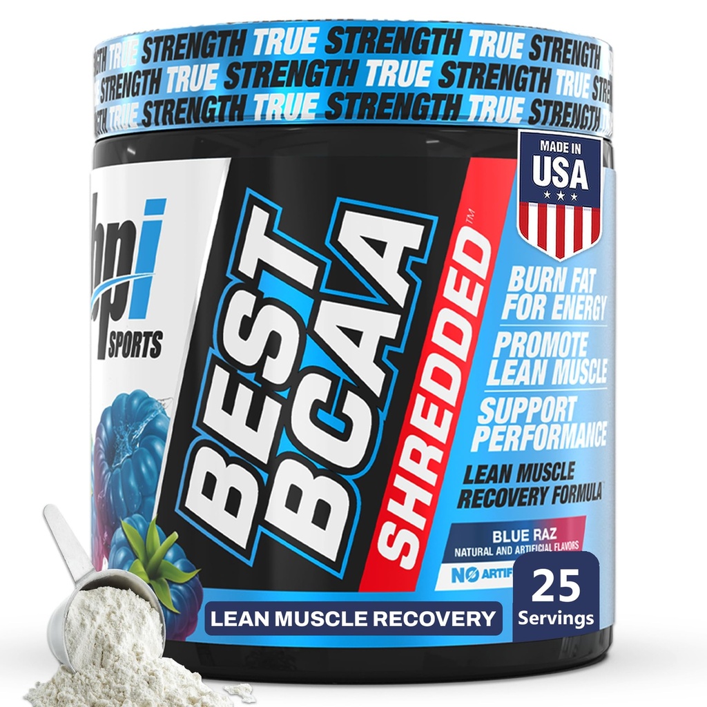 BPI Sports Beste BCAA Shredded - Koffein Gratis Thermogenic Recovery Drink, Lean Muscle Building BCAA pulver for kvinner og menn, Preworkout BCAA Aminosyrer Drikke-blå Raz - 25 Serveringer