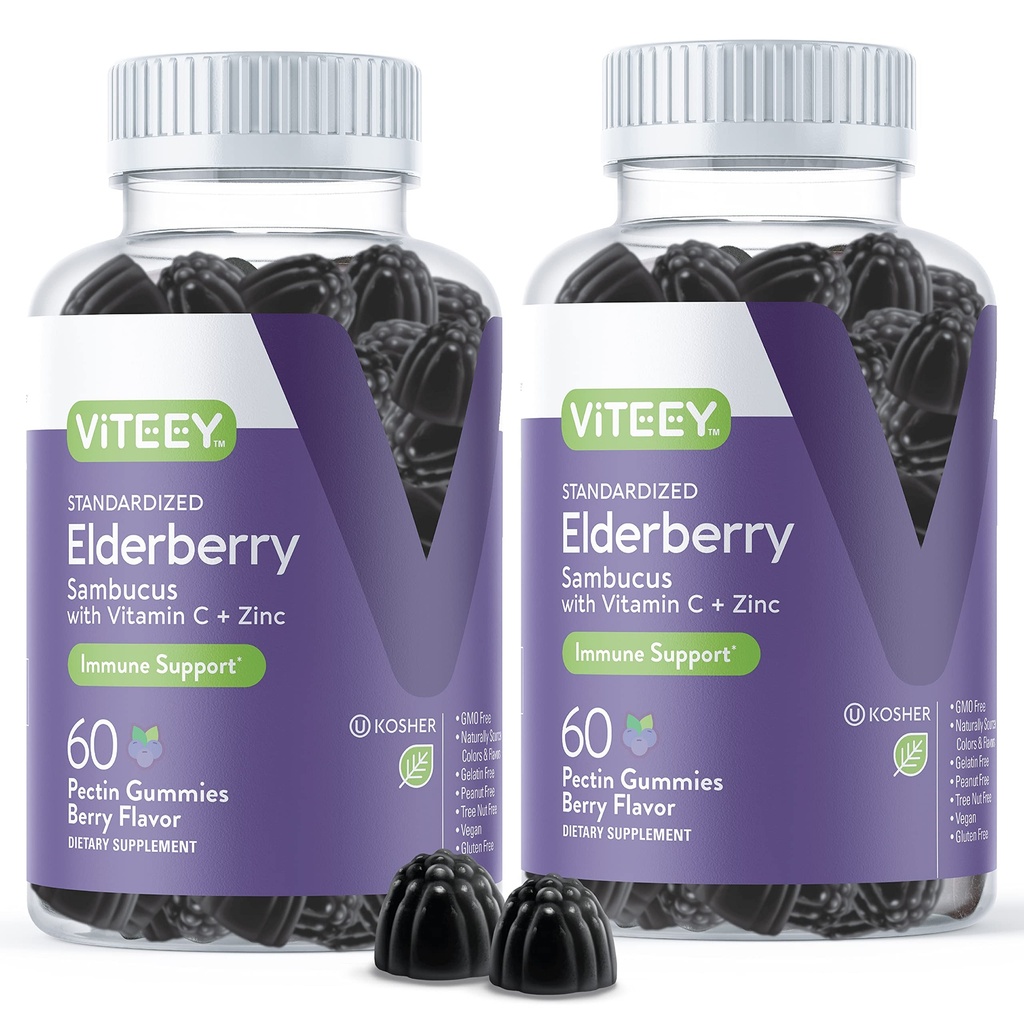 Viteey Sambucus Elderbær Gummies for voksne – Elderbær Vitamin C og sink immunitet Gummies - Vegan, Glutenfri – 120 greve