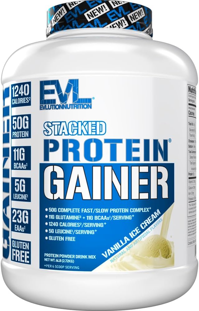 Evlution Nutrition Stacked Protein Gainer, 50 gram Whey Protein Powder Complex, 251 gram karbohydrater, Bygg muskel, gjenoppretting, Post Trening, Glutenfri (Vanilla Ice Cream, 6 LB)