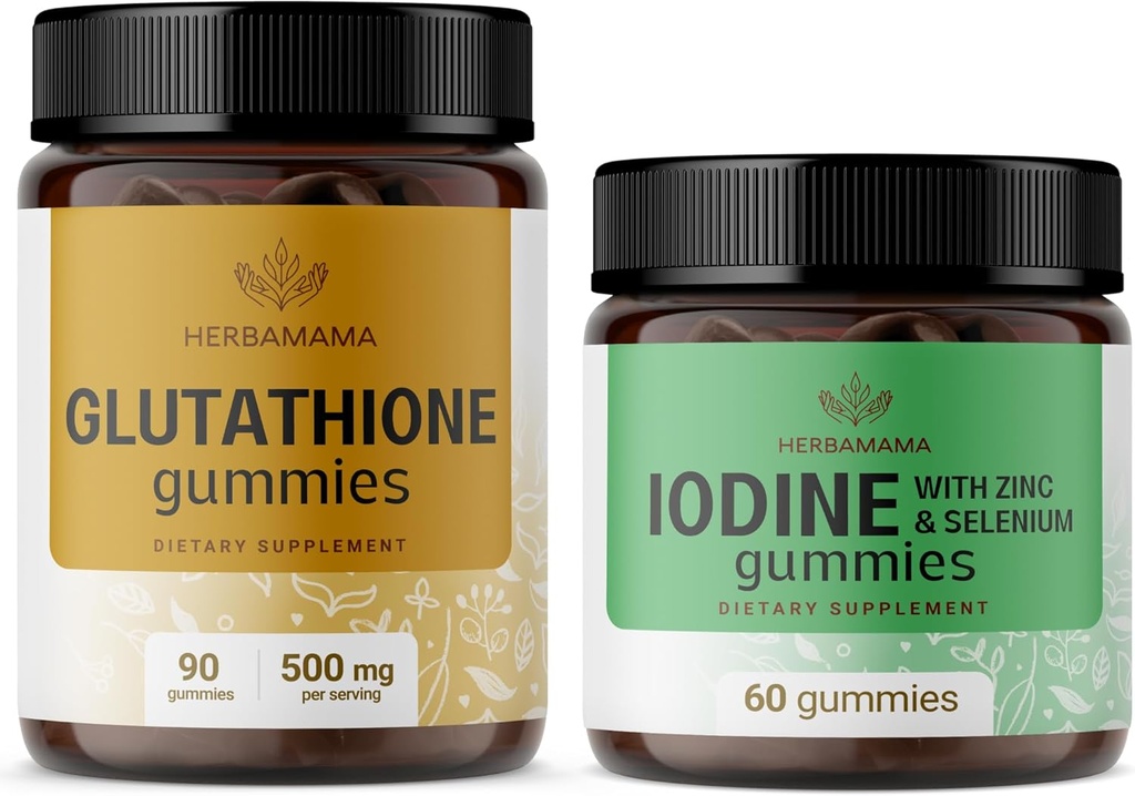 HERBAMAMA Glutathione og Iodine Kit - Budge på 500 mg Redusert L-Glutathion & Kalium Iodine Gummies - Vegan, ikke-GMO, Gelatin-Free - 2 Pack