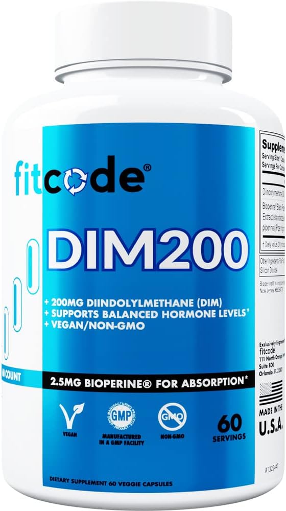 Fitcode Diindolylmetan DIM Supplement for menn - Avansert Dim 200mg med Dim pluss Bioperin for forbedret absorpsjon - Vegansk ikke-GMO Hormon Balance Supplement for forbedret energi Mood og ytelse