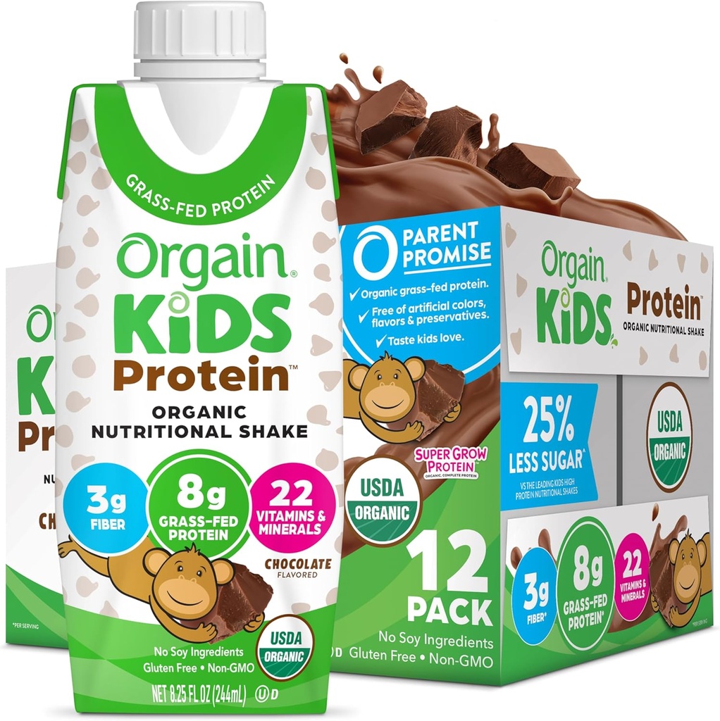 Orgain Organic Kids Protein Nutritional Shake, Sjokolade - 8g protein, 22 Vitaminer og mineraler, Frukter & grønnsaker, Glutenfri, Soya Gratis, Ikke-GMO, 8,25 Fl Oz (Pack of 12)