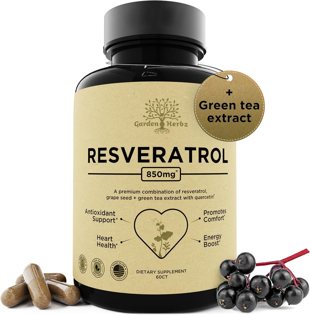 Resveratrol Supplement med Quercetin & Grape frø – 850mg Herbal blanding, høy potens Polyfenoler & antioksidanter for generell velvære, 60 vegansk kapsler