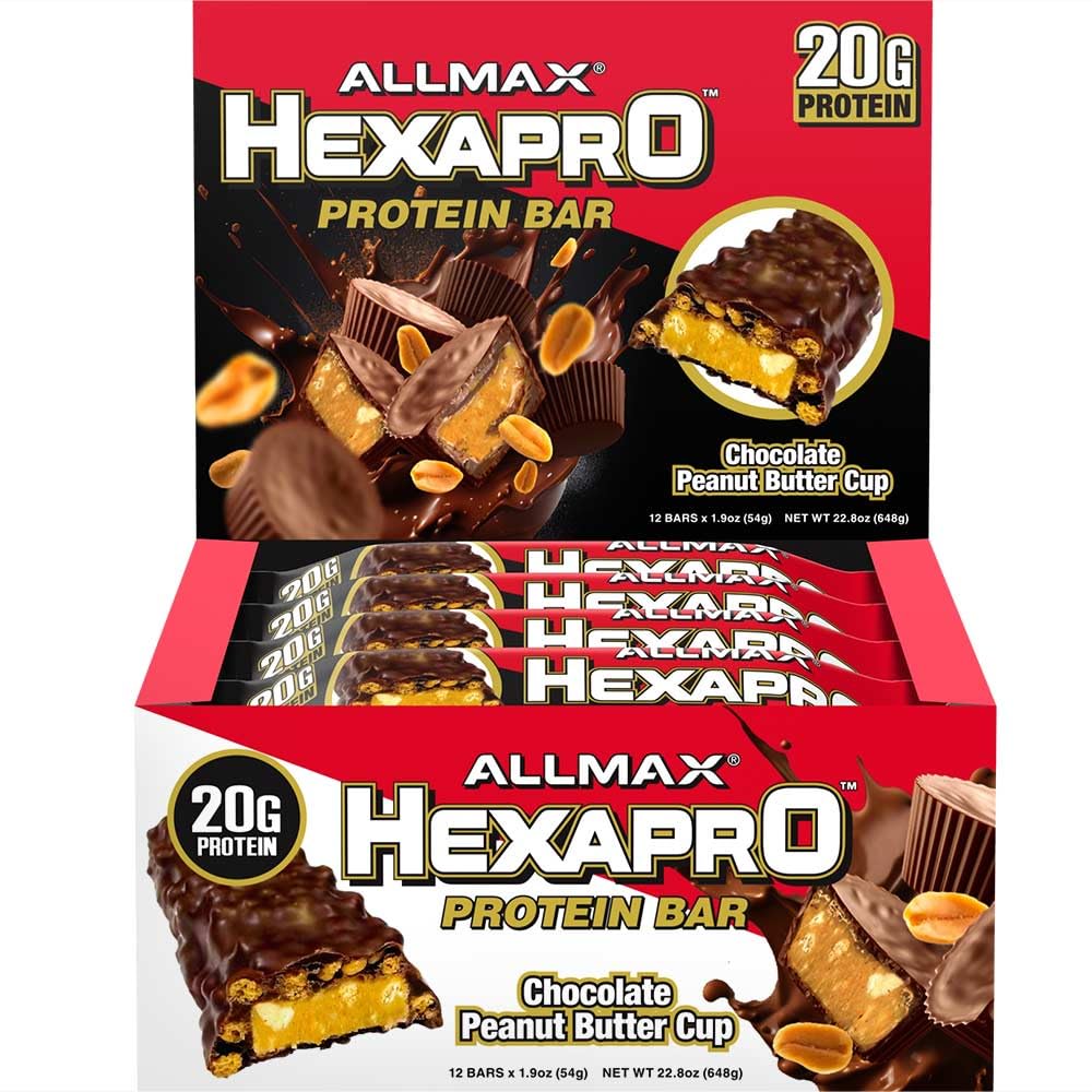 ALLMAX HEXAPRO PROTEIN BAR, Sjokolade Peanut Butter Cup - Pakke med 12 - Høy-Protein Energi Snack - 20 g Protein Per Bar - Med Whey Protein Isolate