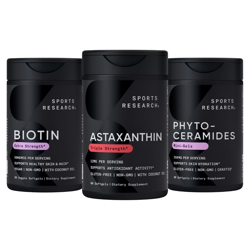 Idrettsforskning® Sunn Hud and Hair Support - Vegansk Biotin 10.000mcg med kokosolje, trippelstyrke Astaxanthin 12mg og fytoceramider 350mg per softgel · Ikke-GMO · Vegansk · Glutenfri